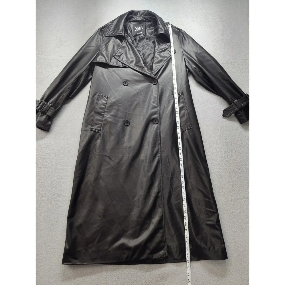 Zara Womens Faux Leather Double Breasted Trench Coat Black XS Longline Belted